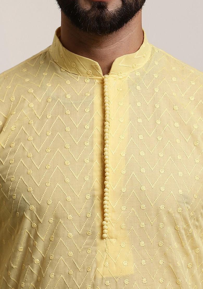 Yellow Thread Work Poly Blend Kurta For Men