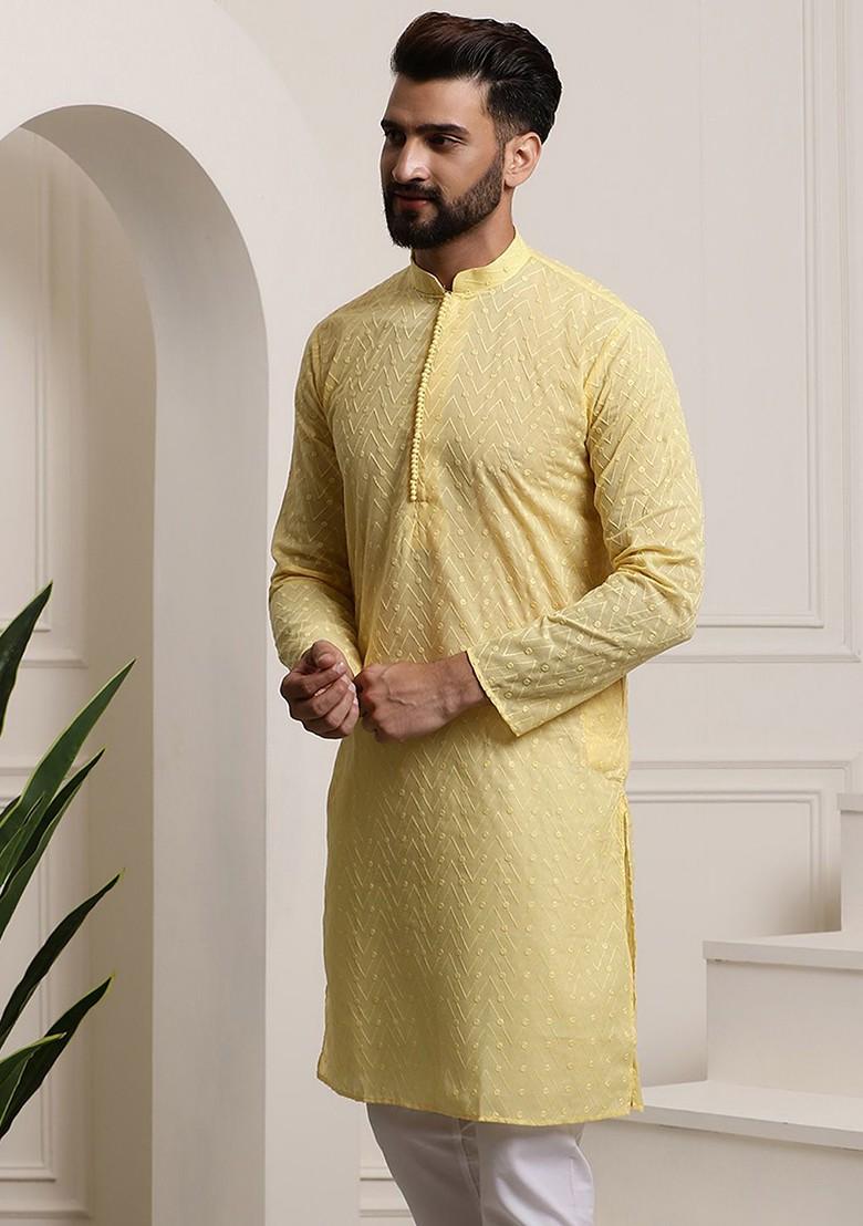 Yellow Thread Work Poly Blend Kurta For Men