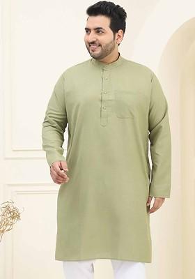 Green Solid Cotton Kurta For Men