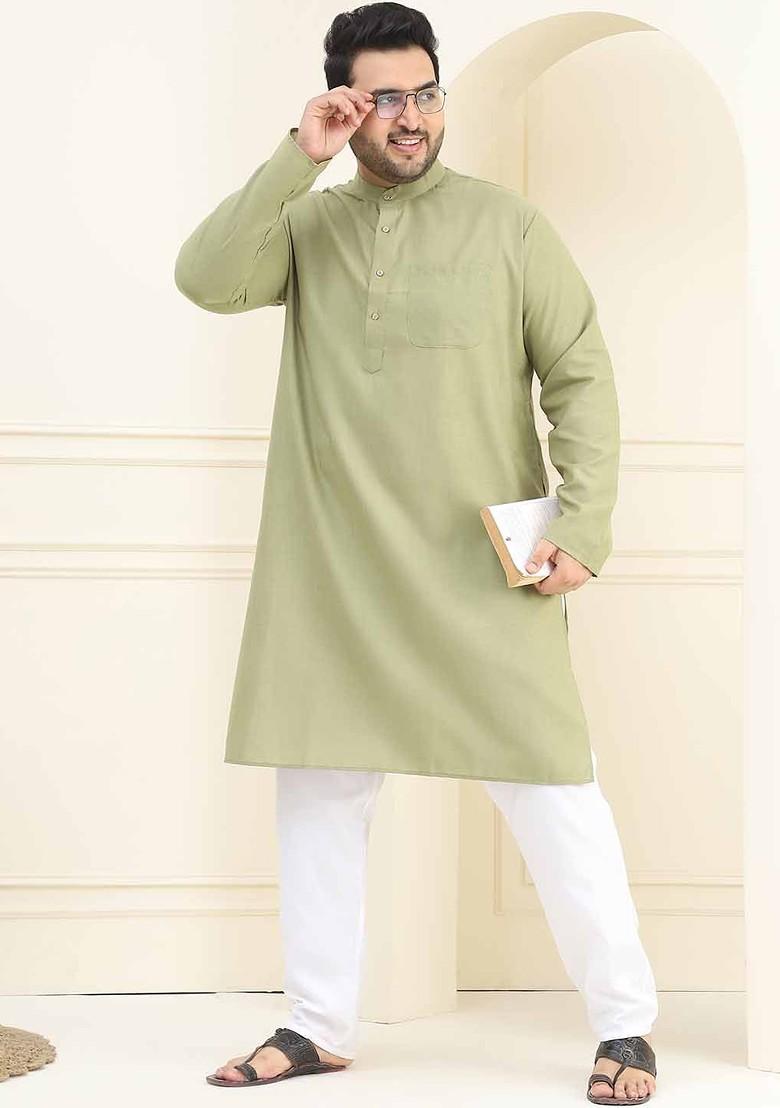 Green Solid Cotton Kurta For Men