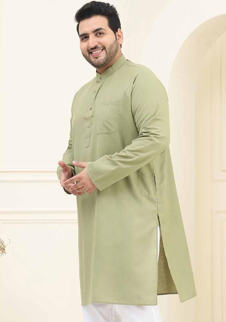 Green Solid Cotton Kurta For Men