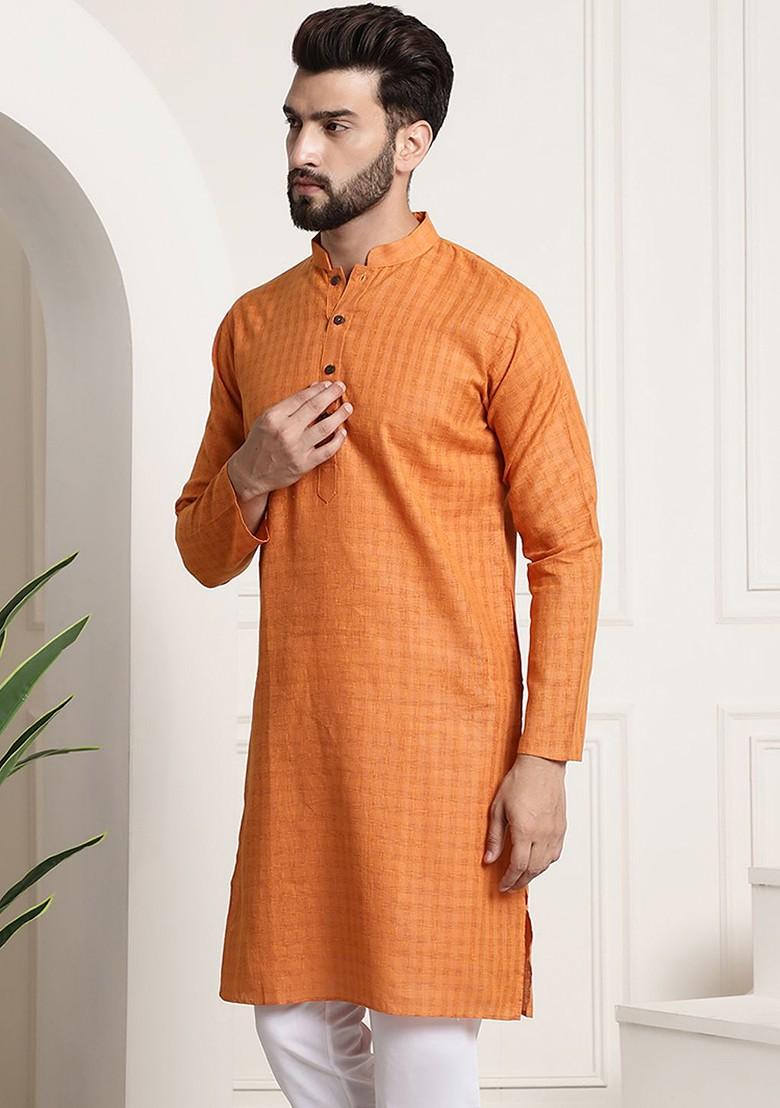 Orange Checked Poly Blend Kurta For Men