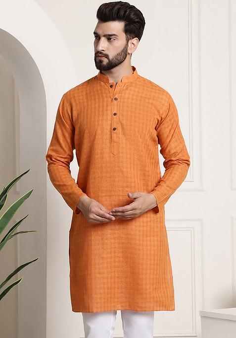 Orange Checked Poly Blend Kurta For Men — view on Indya