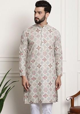 Cream Ethnic Motifs Poly Blend Kurta For Men