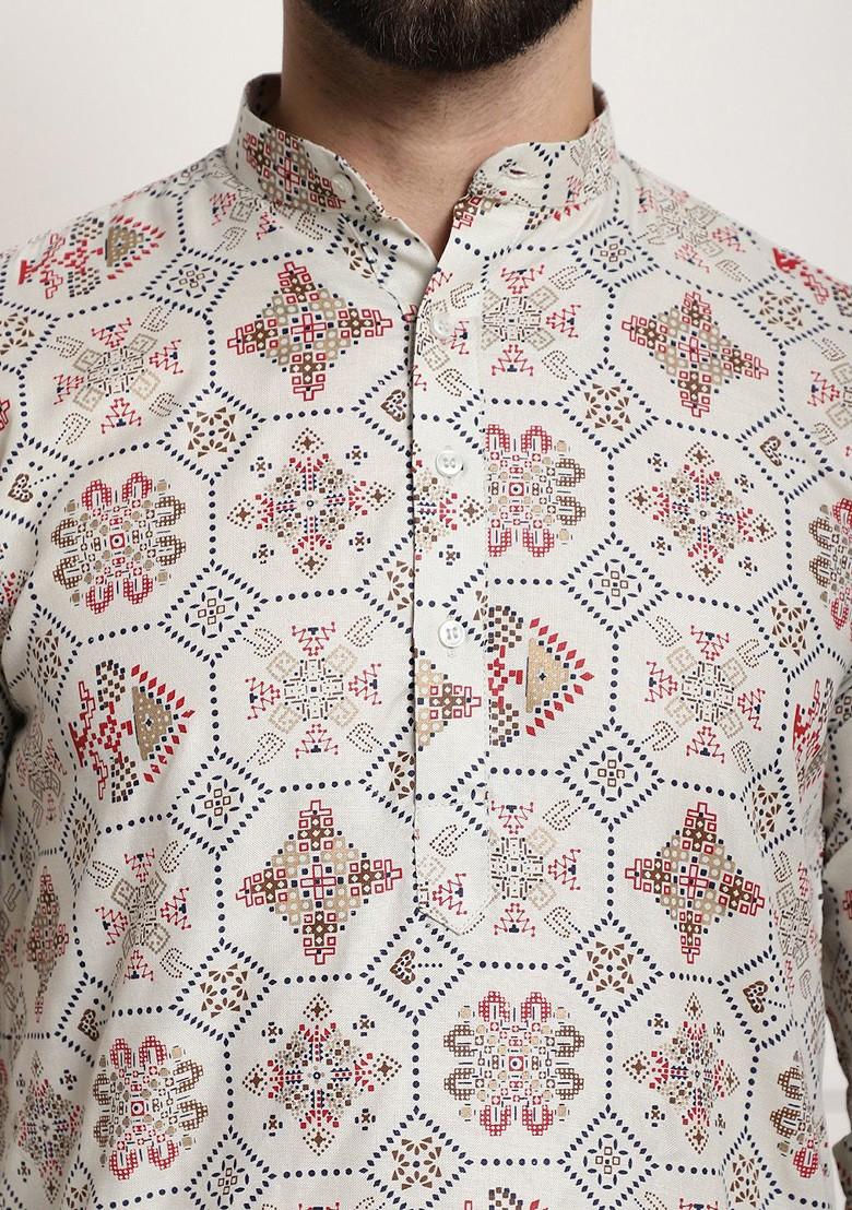 Cream Ethnic Motifs Poly Blend Kurta For Men
