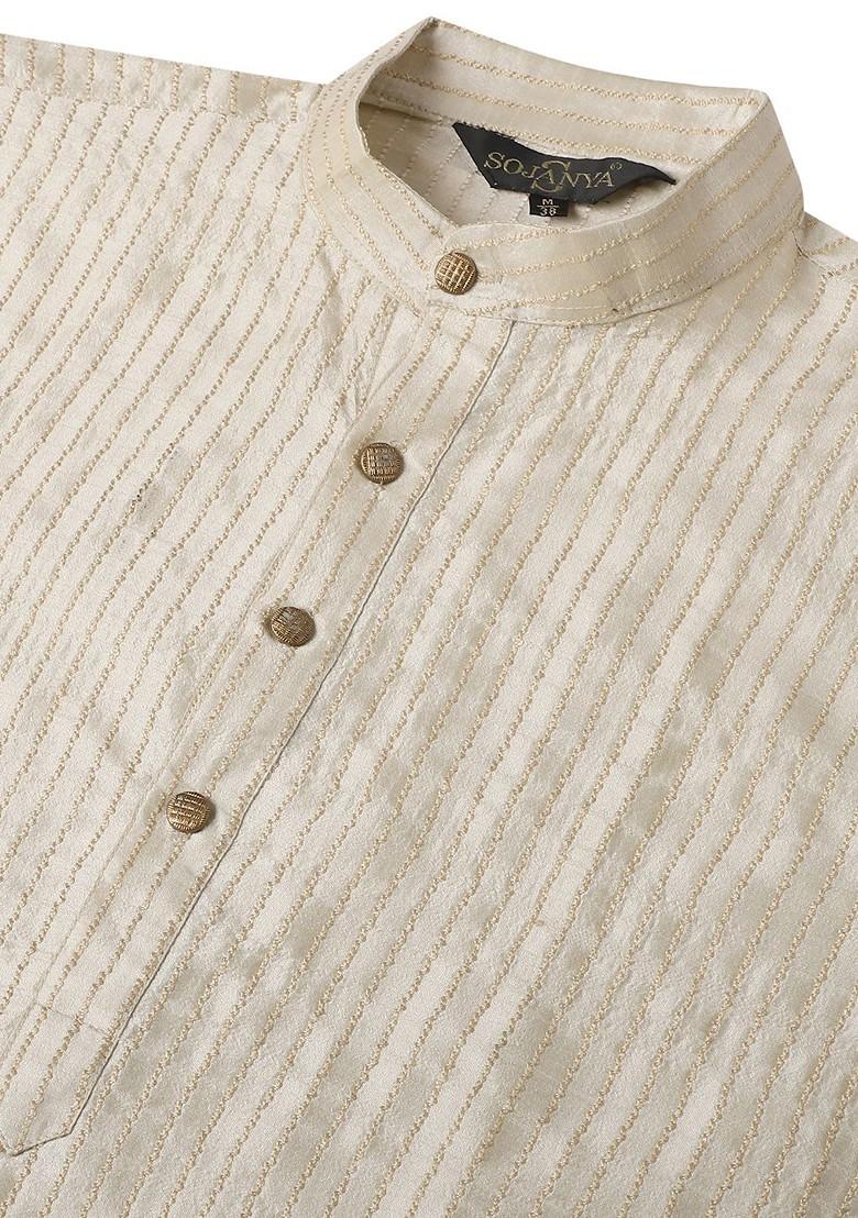 Cream Solid Jacquard Kurta For Men
