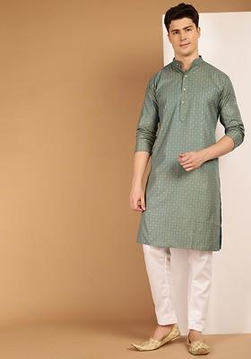 Teal Blue Ethnic Motifs Cotton Kurta For Men