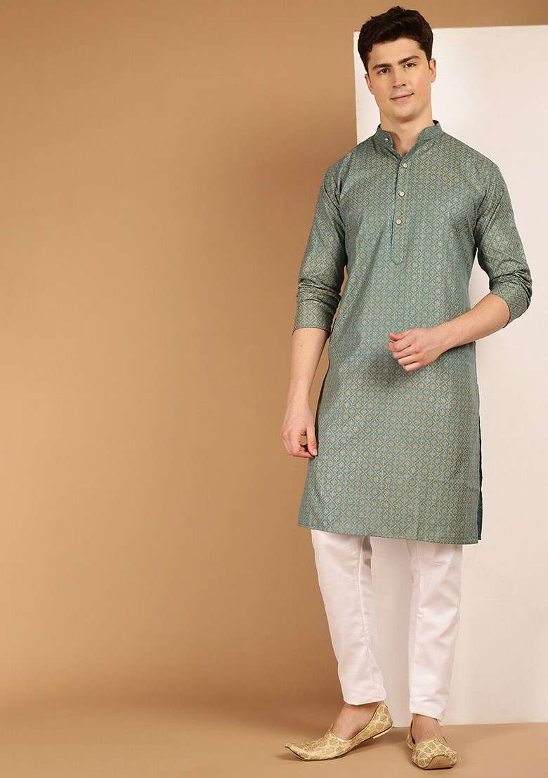 Teal Blue Ethnic Motifs Cotton Kurta For Men - Indya