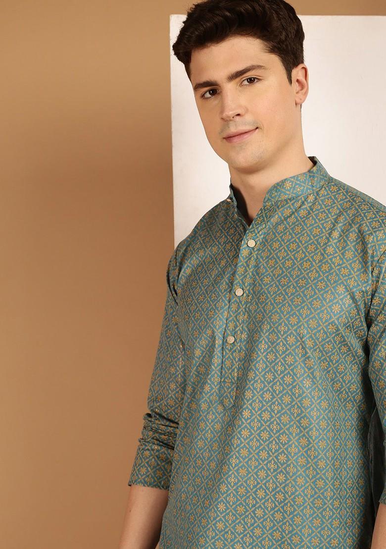 Teal Blue Ethnic Motifs Cotton Kurta For Men