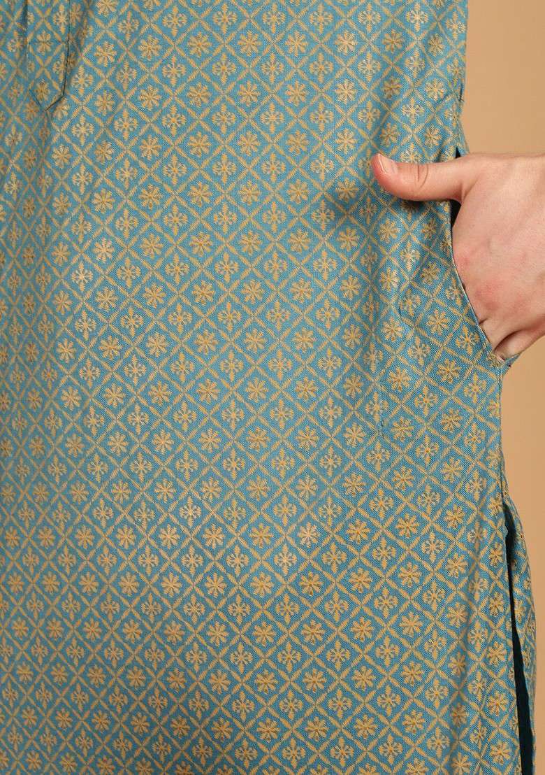 Teal Blue Ethnic Motifs Cotton Kurta For Men - Indya