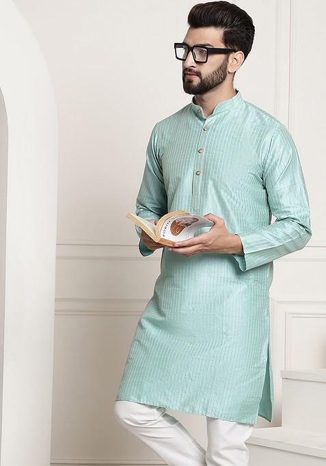 Sea Green Embellished Poly Blend Kurta For Men