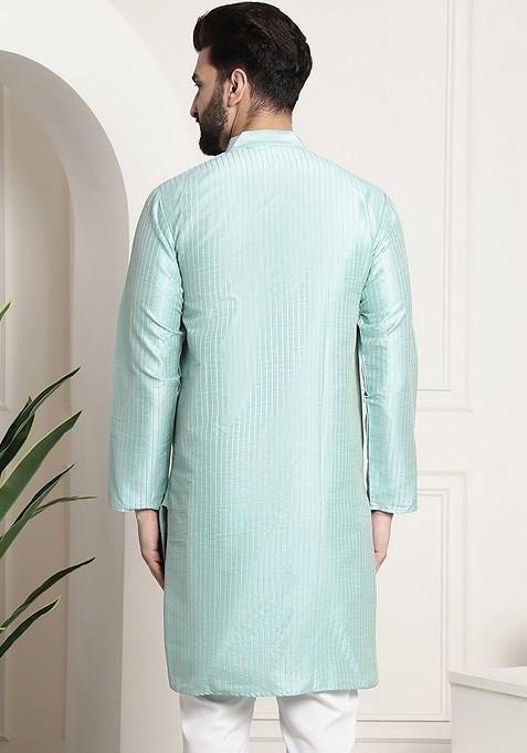 Sea Green Embellished Poly Blend Kurta For Men