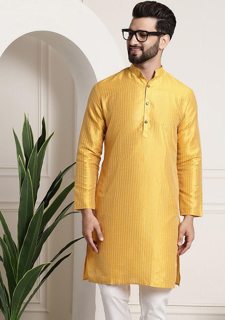 Mustard Embellished Poly Blend Kurta For Men