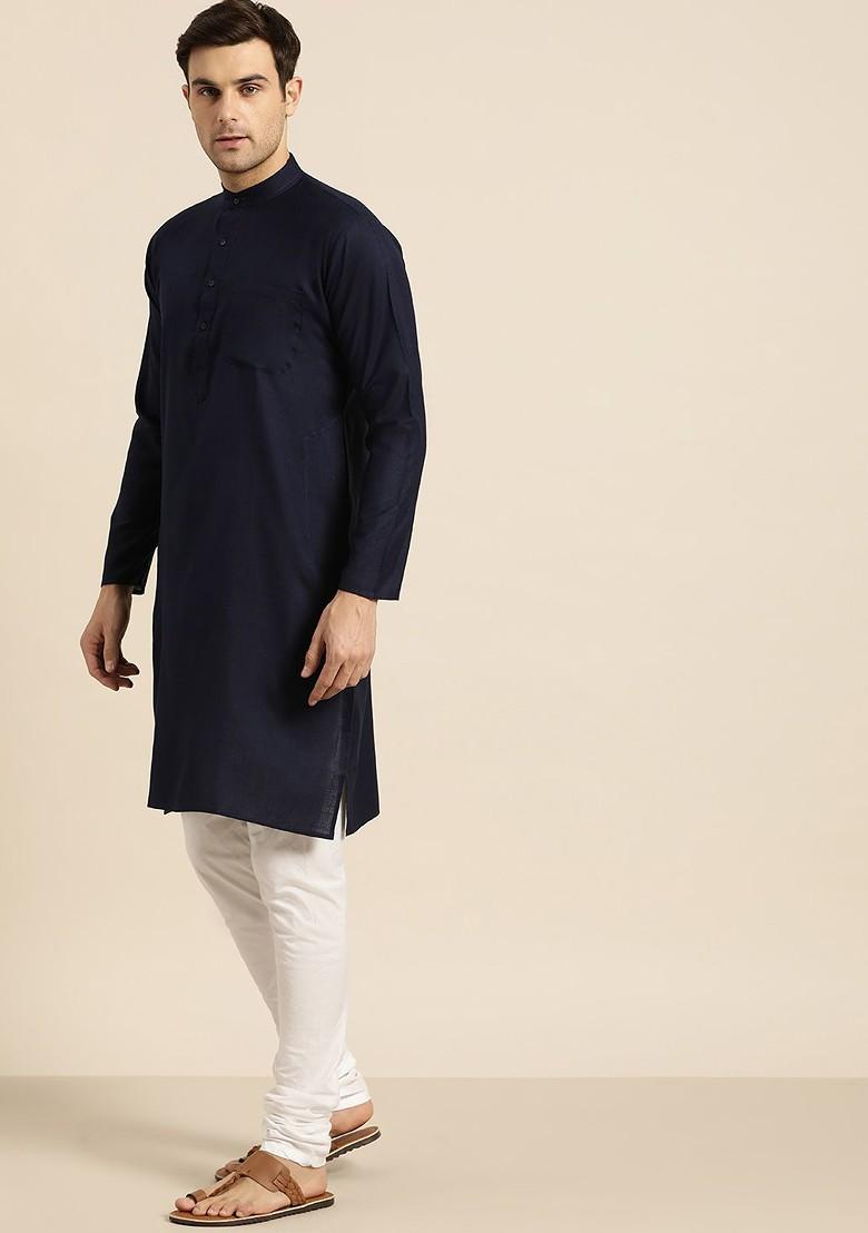 Navy Blue Solid Poly Blend Kurta For Men