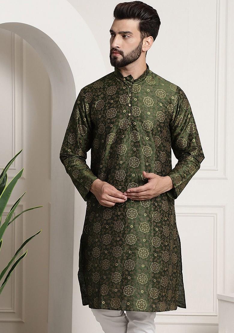 Green Ethnic Motifs Poly Blend Kurta For Men