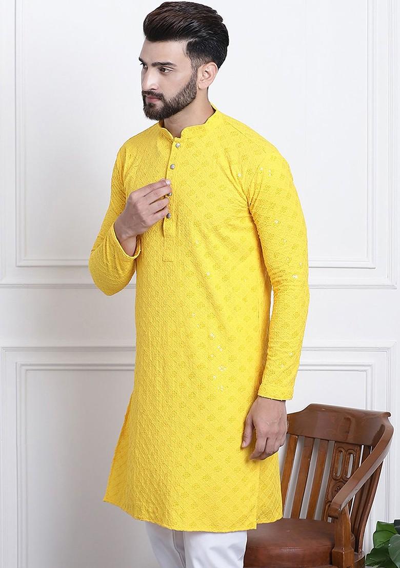 Yellow Embellished Cotton Kurta For Men