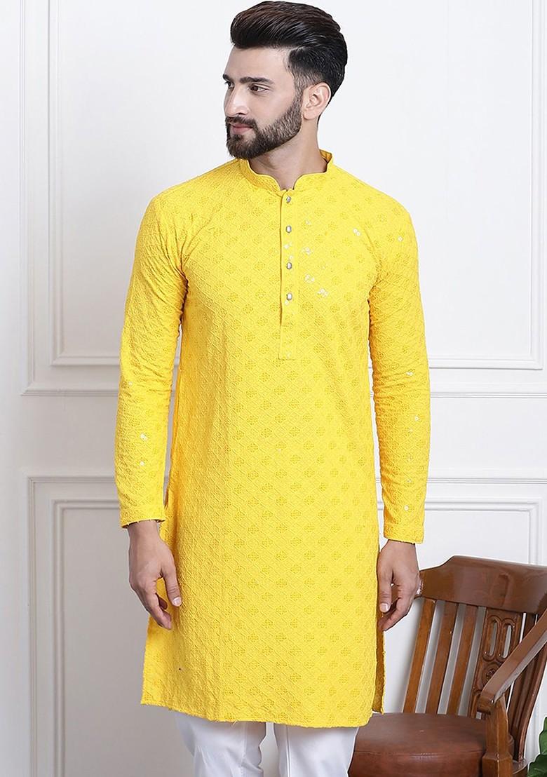 Yellow Embellished Cotton Kurta For Men