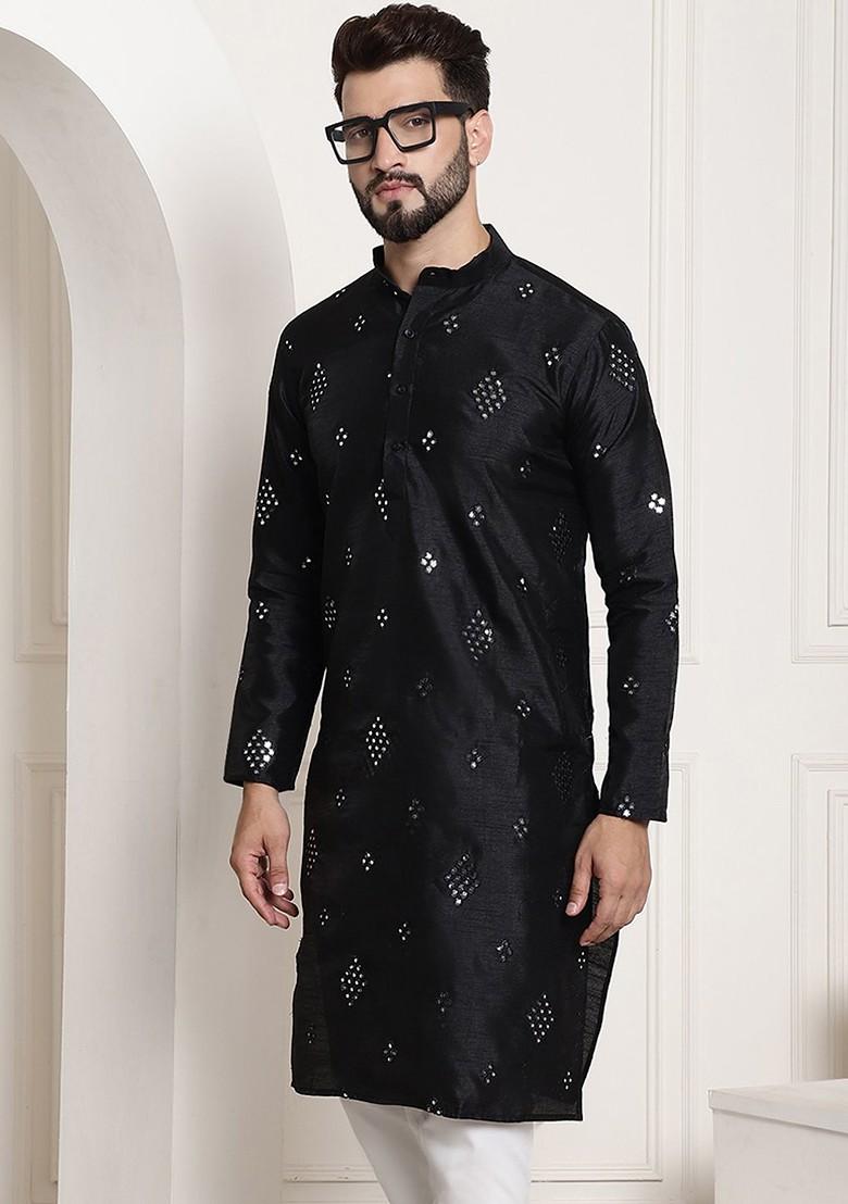 Black Embellished Poly Blend Kurta For Men