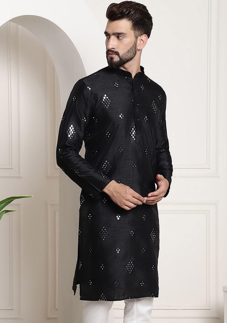 Black Embellished Poly Blend Kurta For Men