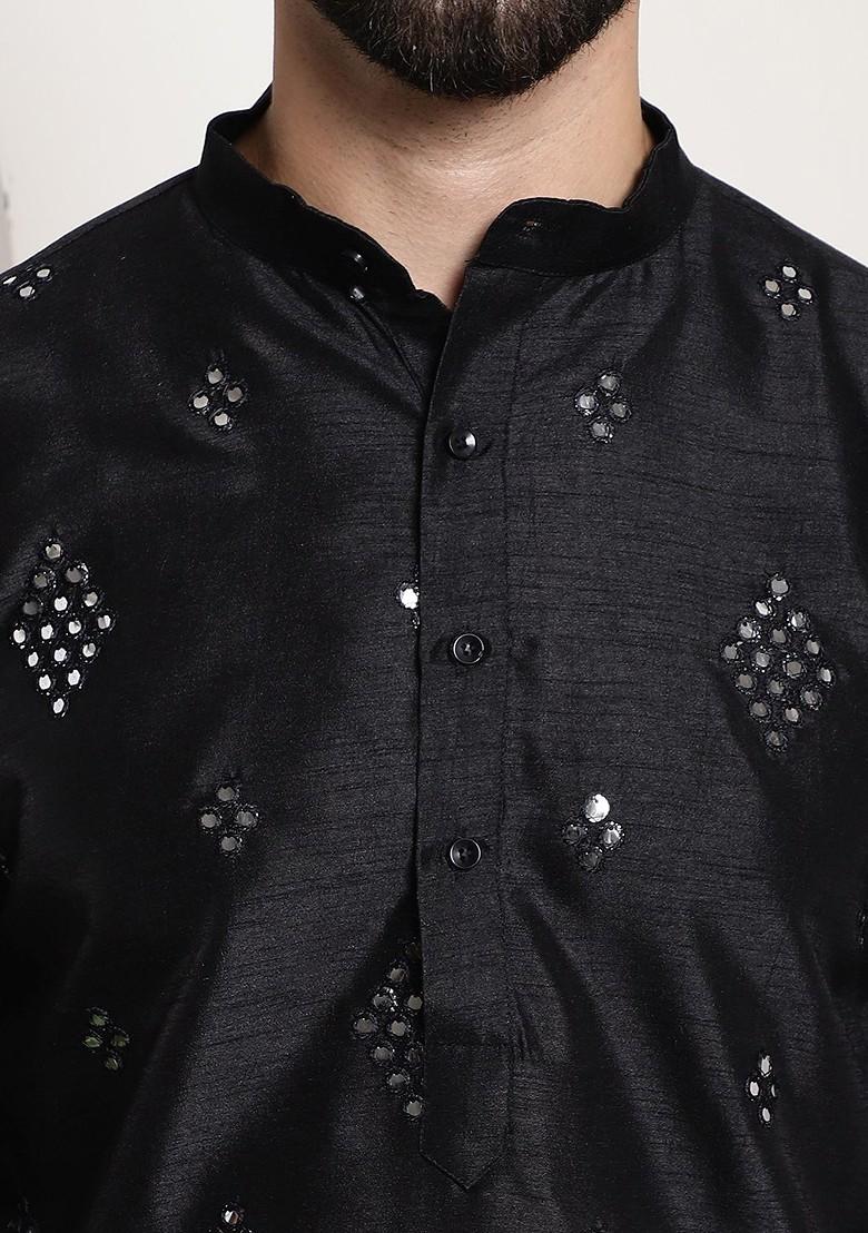 Black Embellished Poly Blend Kurta For Men