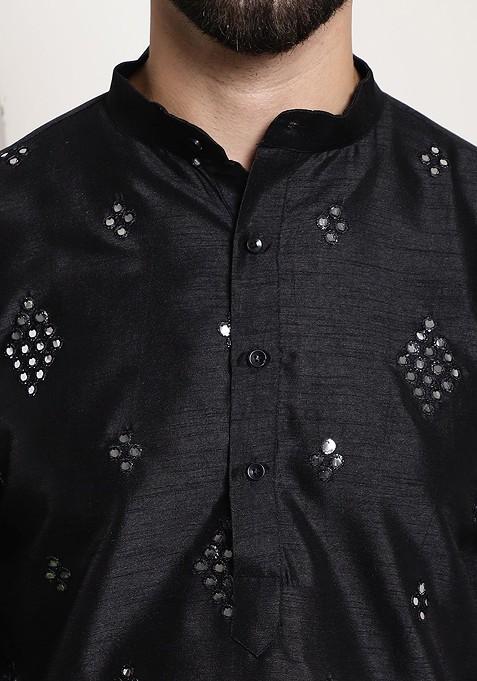 Black Embellished Poly Blend Kurta For Men