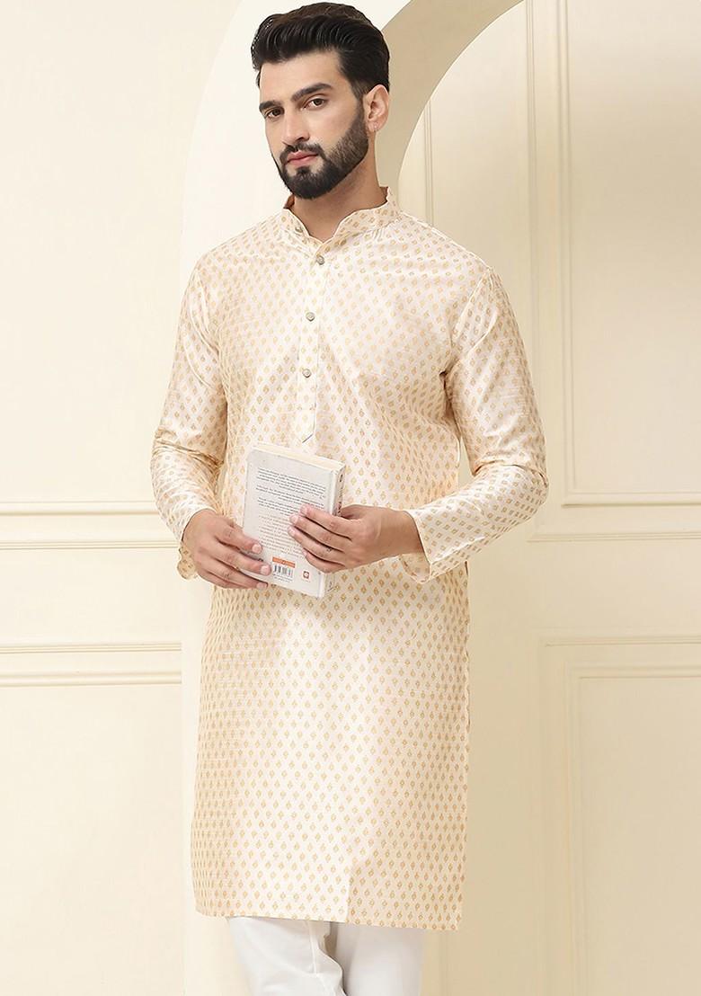 Cream Printed Poly Blend Kurta For Men