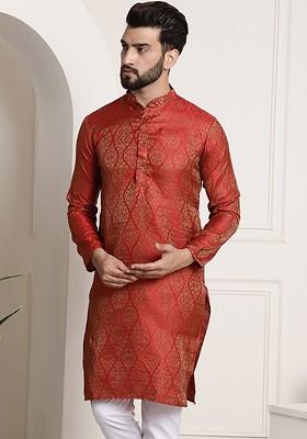 Red Ethnic Motifs Jacquard Kurta For Men