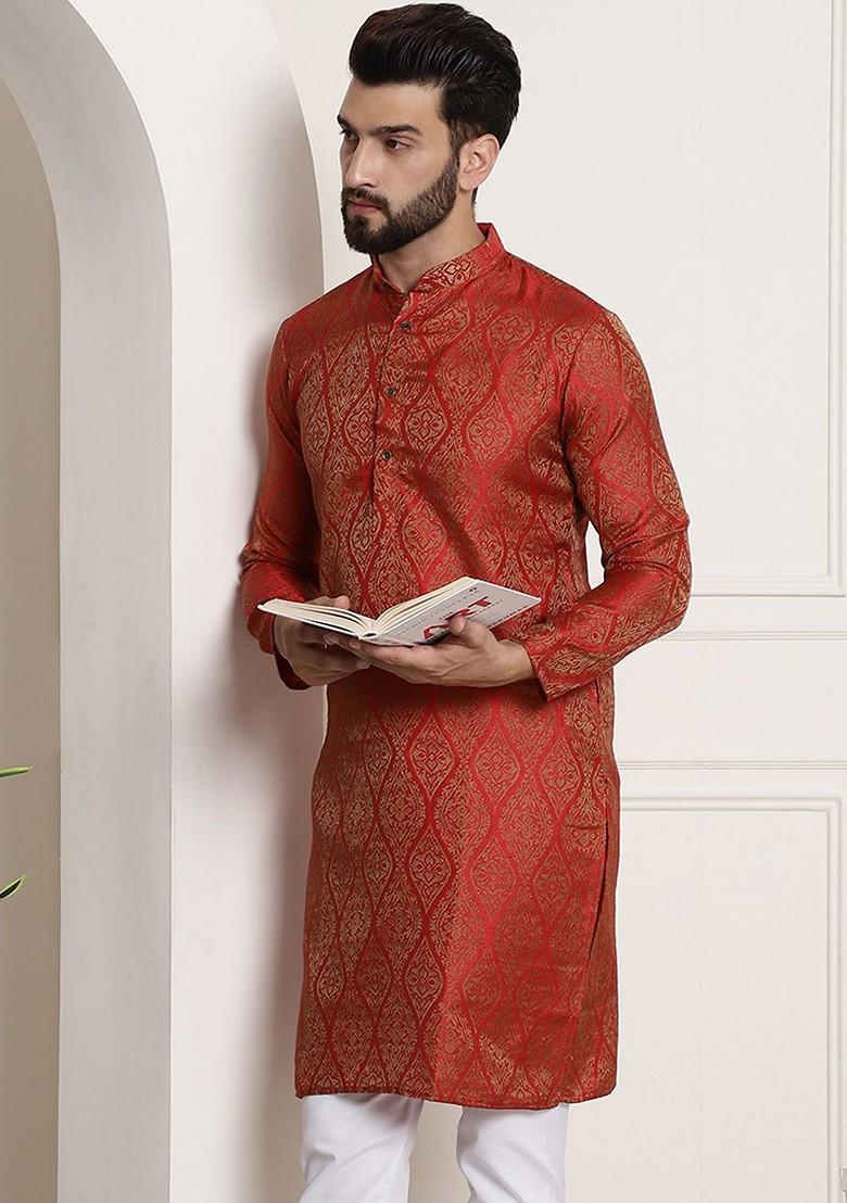 Red Ethnic Motifs Jacquard Kurta For Men