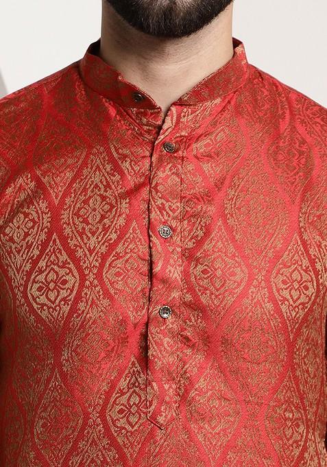 Red Ethnic Motifs Jacquard Kurta For Men