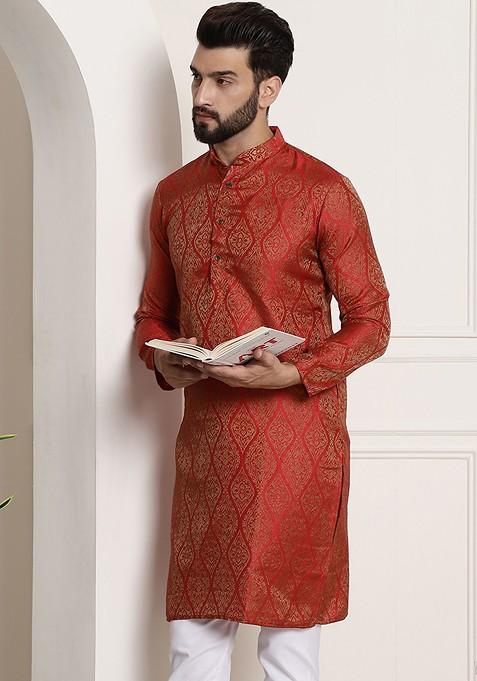 Red Ethnic Motifs Jacquard Kurta For Men