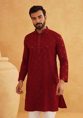 Maroon Embroidered Poly Blend Kurta For Men