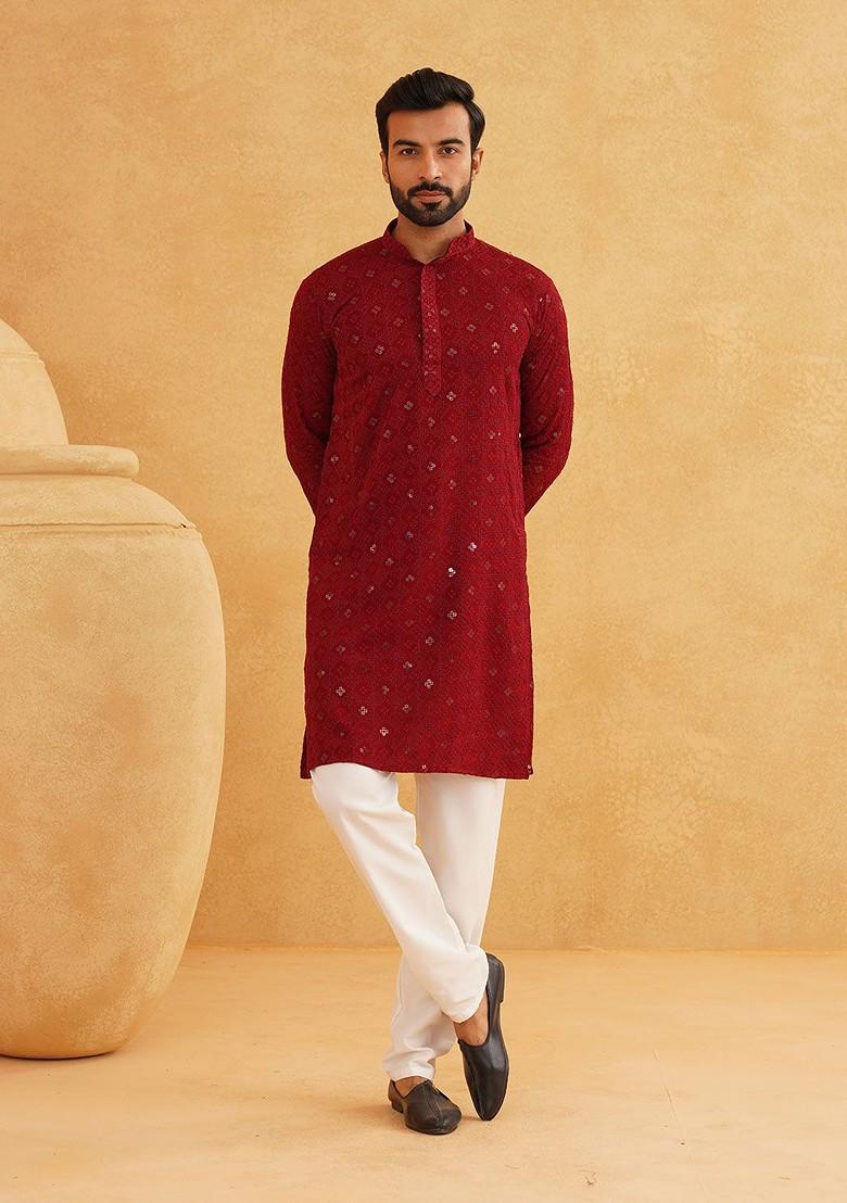 Maroon Embroidered Poly Blend Kurta For Men