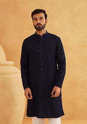 Navy Blue Embroidered Cotton Kurta For Men