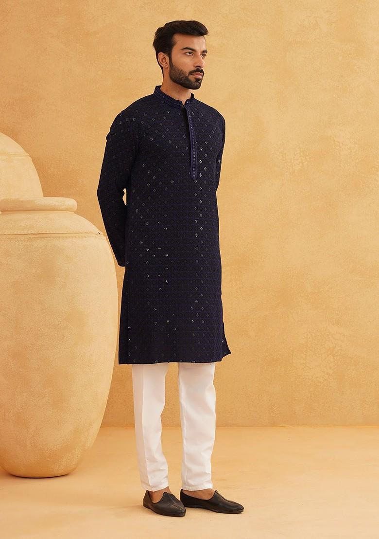 Navy Blue Embroidered Cotton Kurta For Men