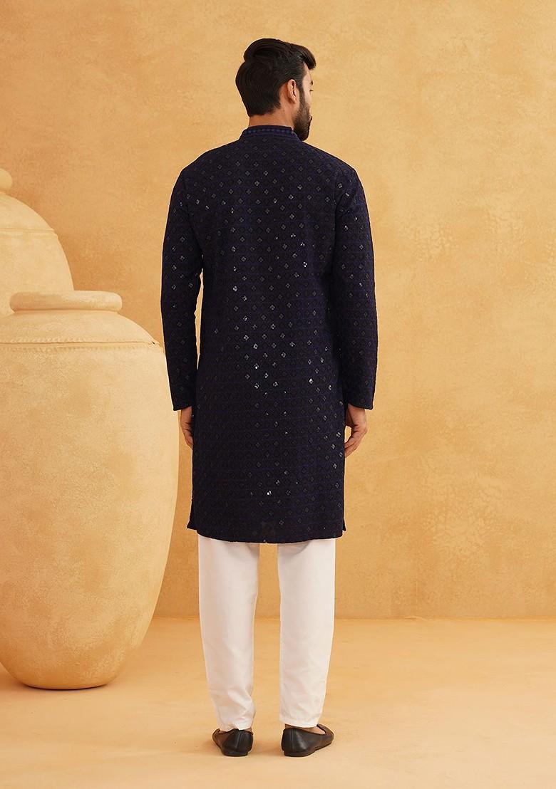 Navy Blue Embroidered Cotton Kurta For Men
