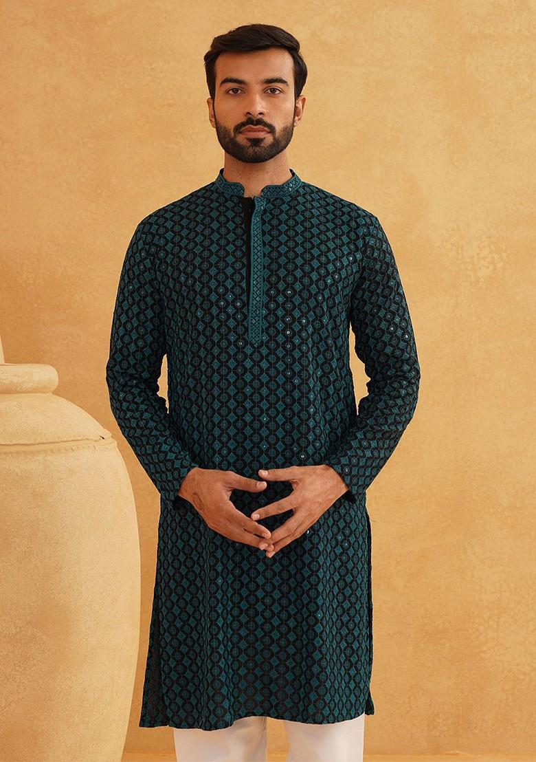 Teal Blue Embroidered Cotton Kurta For Men