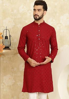 Maroon Embroidered Cotton Kurta For Men