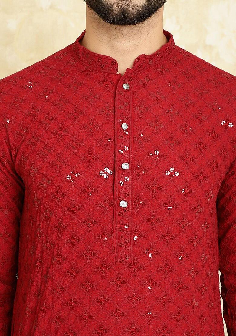 Maroon Embroidered Cotton Kurta For Men