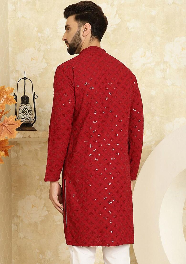 Maroon Embroidered Cotton Kurta For Men