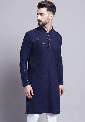 Navy Blue Embroidered Cotton Kurta For Men