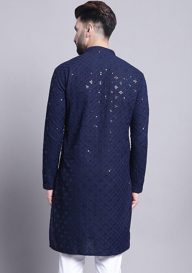 Navy Blue Embroidered Cotton Kurta For Men