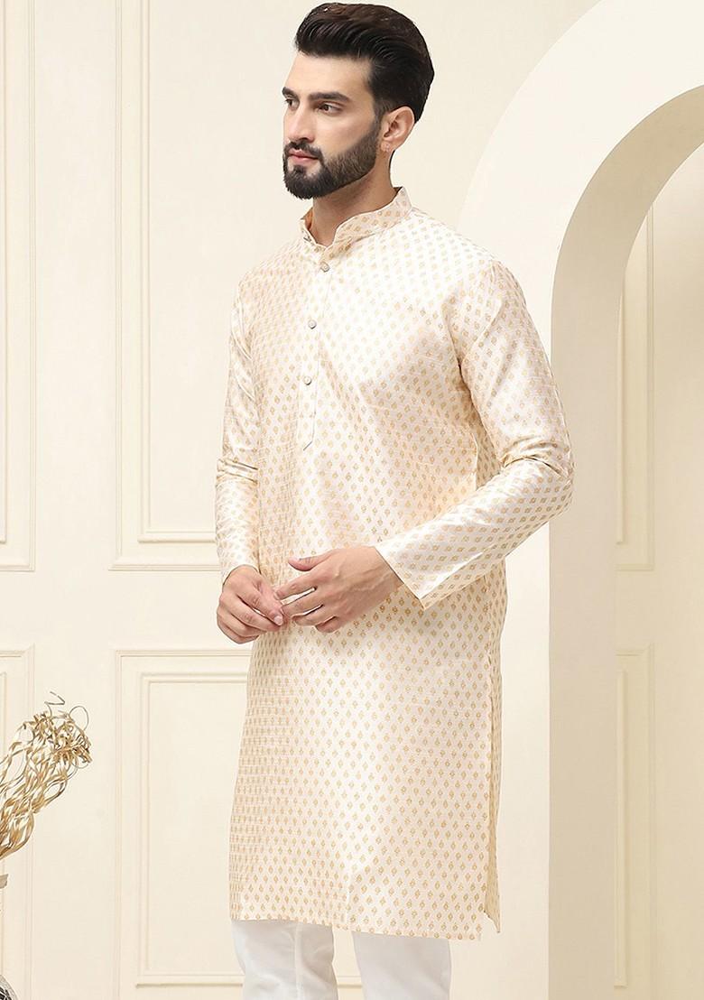Cream Ethnic Motifs Poly Blend Kurta For Men