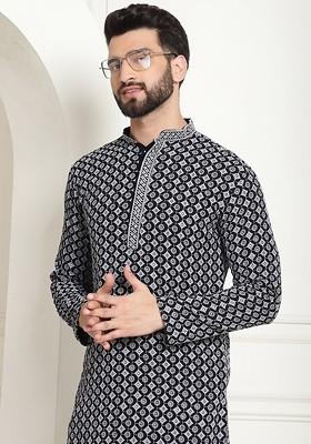 Grey Embroidered Cotton Kurta For Men