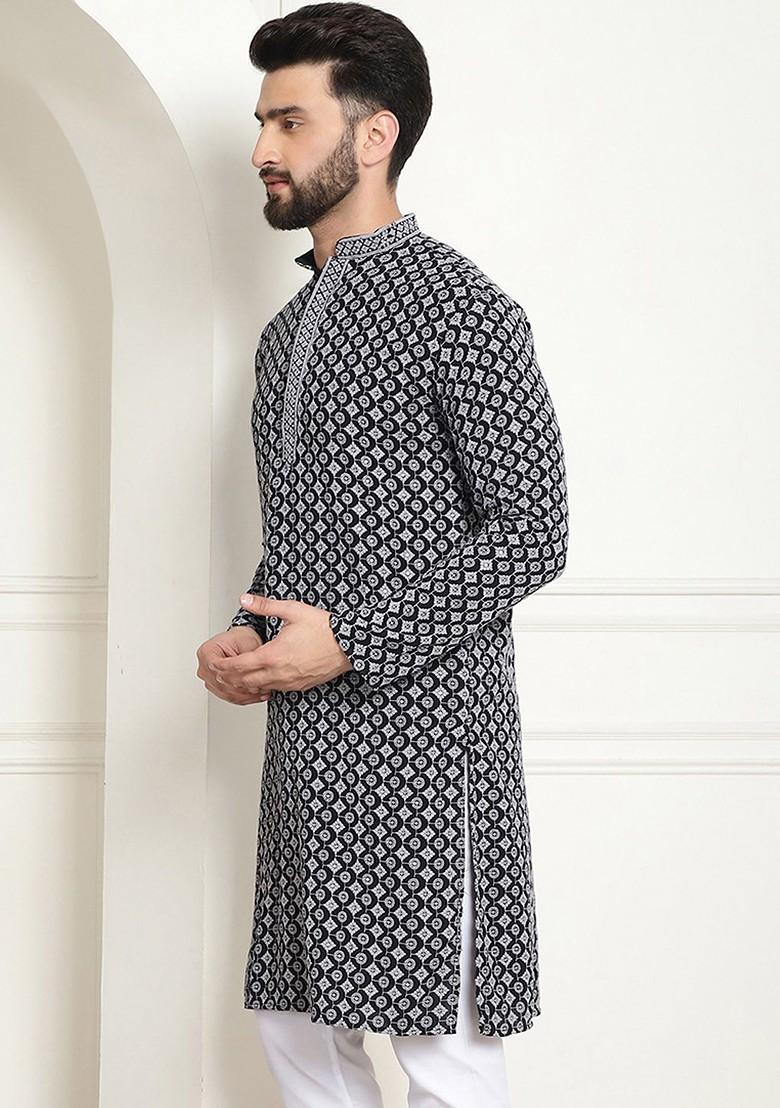 Grey Embroidered Cotton Kurta For Men