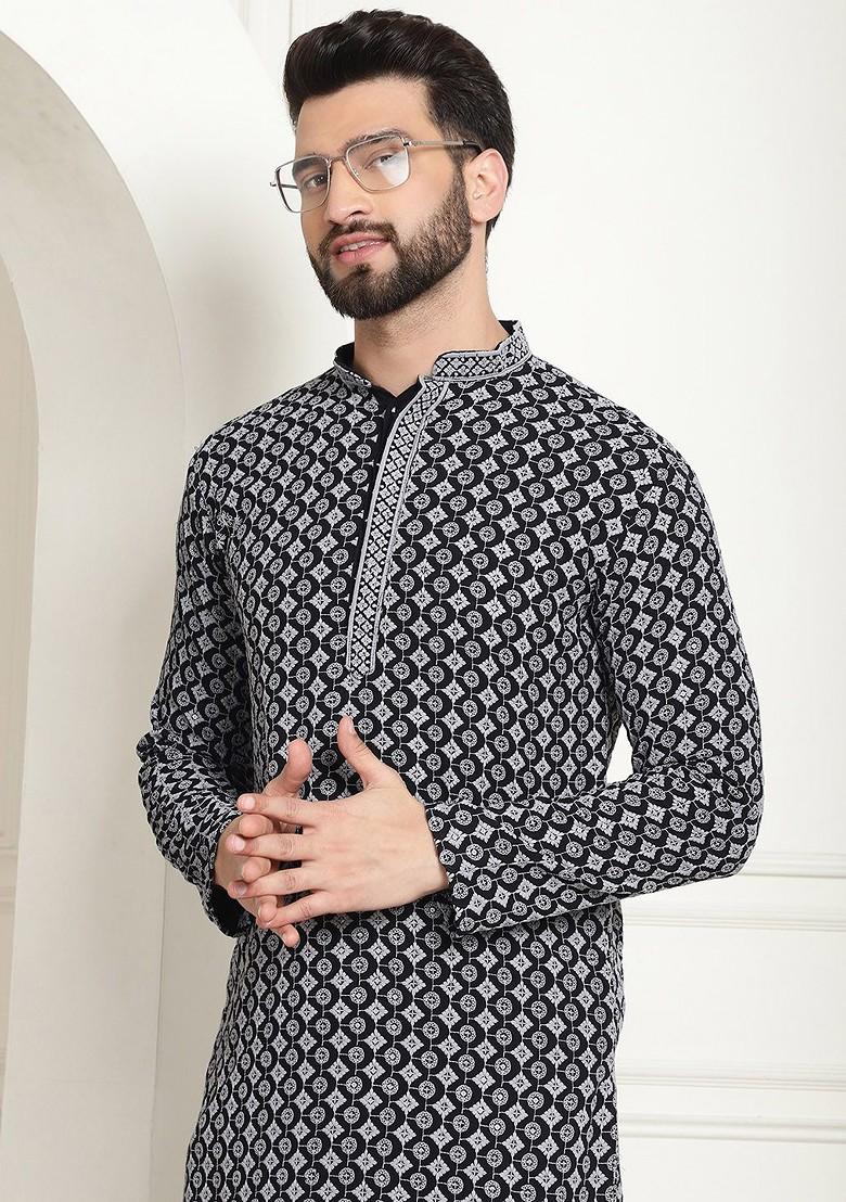 Grey Embroidered Cotton Kurta For Men