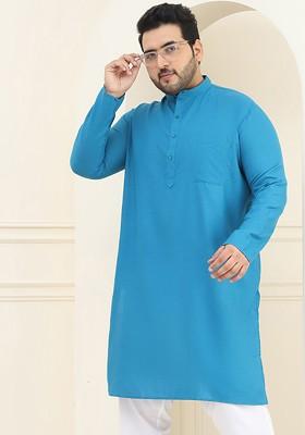 Blue Solid Cotton Kurta For Men