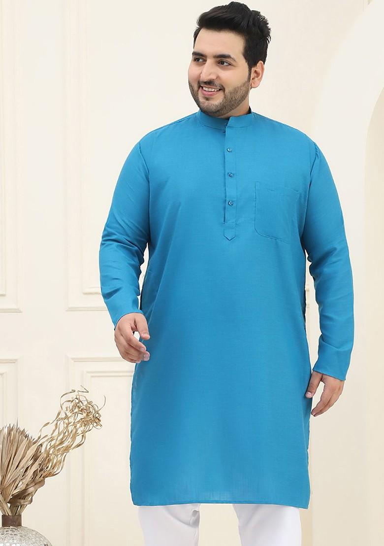 Blue Solid Cotton Kurta For Men