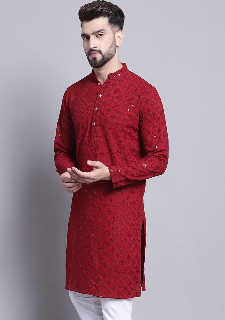 Maroon Embroidered Cotton Kurta For Men