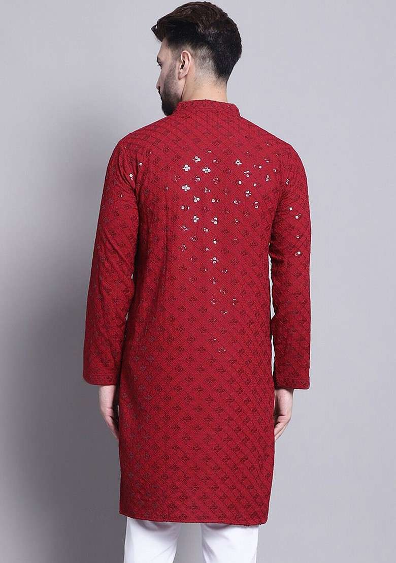Maroon Embroidered Cotton Kurta For Men - Indya
