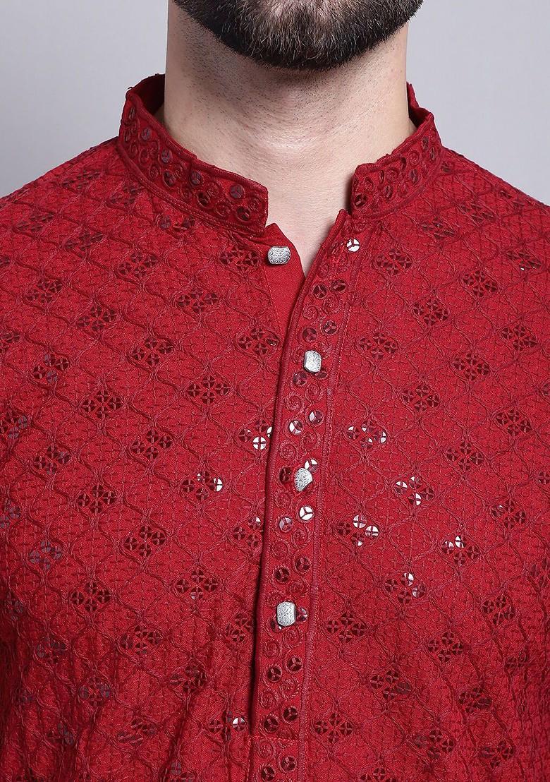 Maroon Embroidered Cotton Kurta For Men